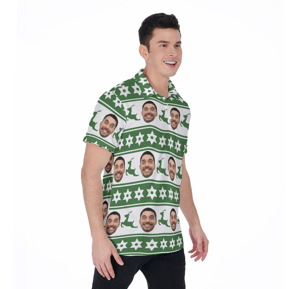 Funny Custom Face Christmas Reindeer Green Hawaiian Polo Golf Shirt