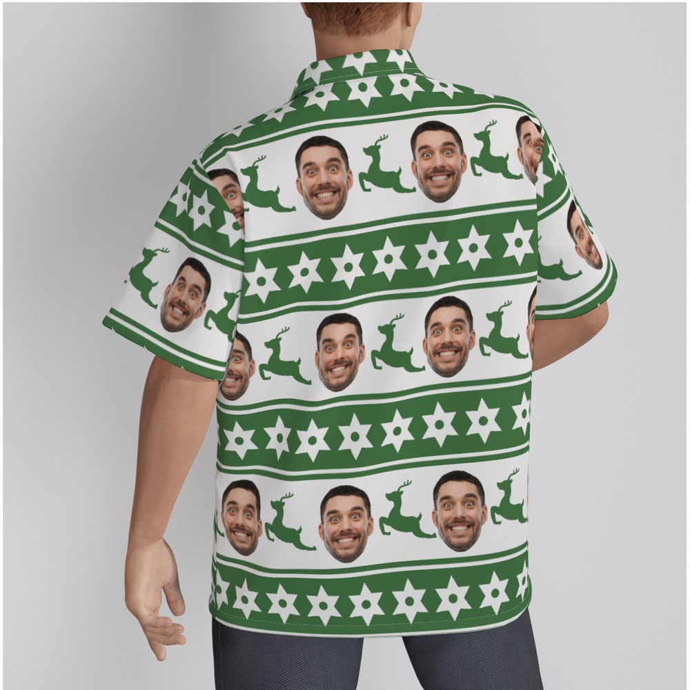 Vintage Reindeer Christmas Custom Face Hawaiian Collared Shirt