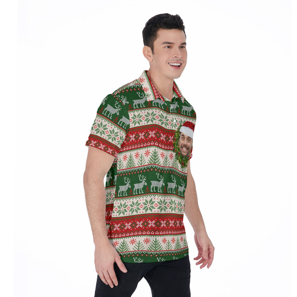 Reindeer Ugly Christmas Hawaiian Polo Shirt With Custom Face