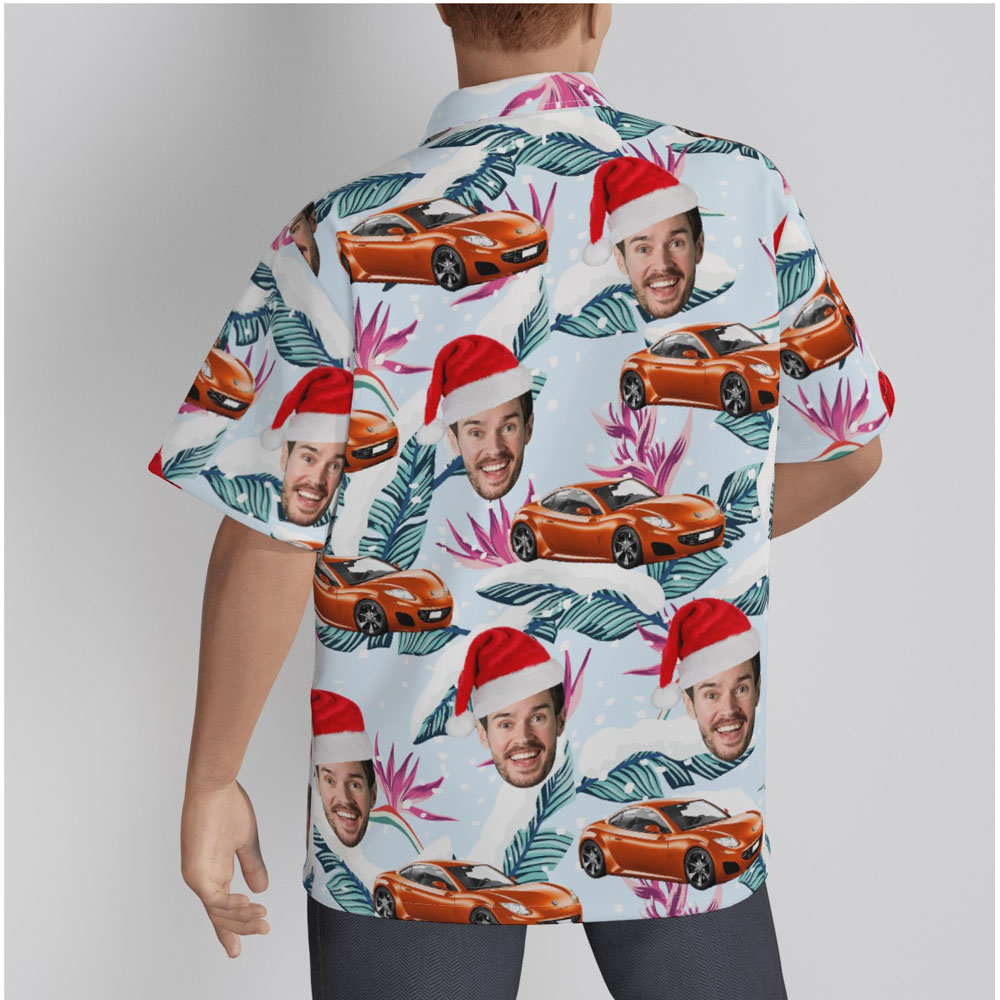 Custom Face And Car Christmas Floral Hawaiian Shirt