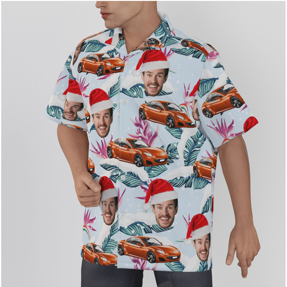 Custom Face And Car Christmas Floral Hawaiian Shirt