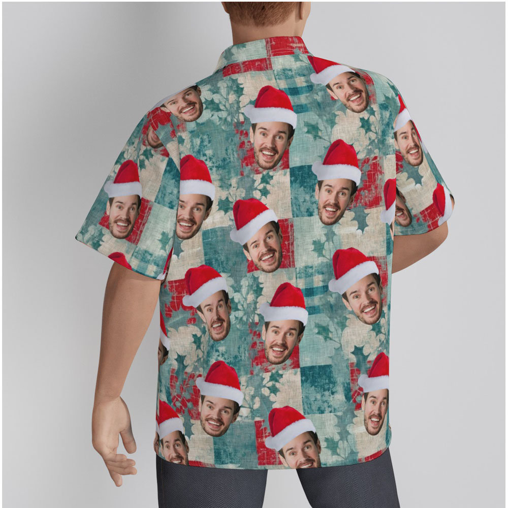 Vintage Christmas Holly Leaves Blue Hawaiian Shirt With Custom Face