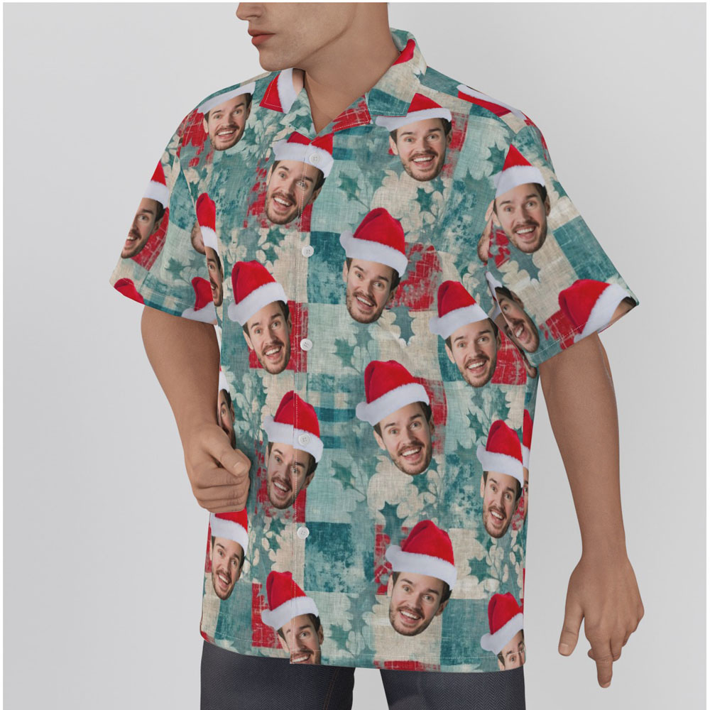 Vintage Christmas Holly Leaves Blue Hawaiian Shirt With Custom Face