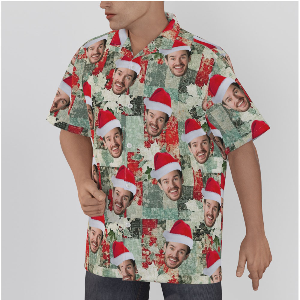 Custom Face Christmas Vintage Holly Leaves Hawaiian Shirt
