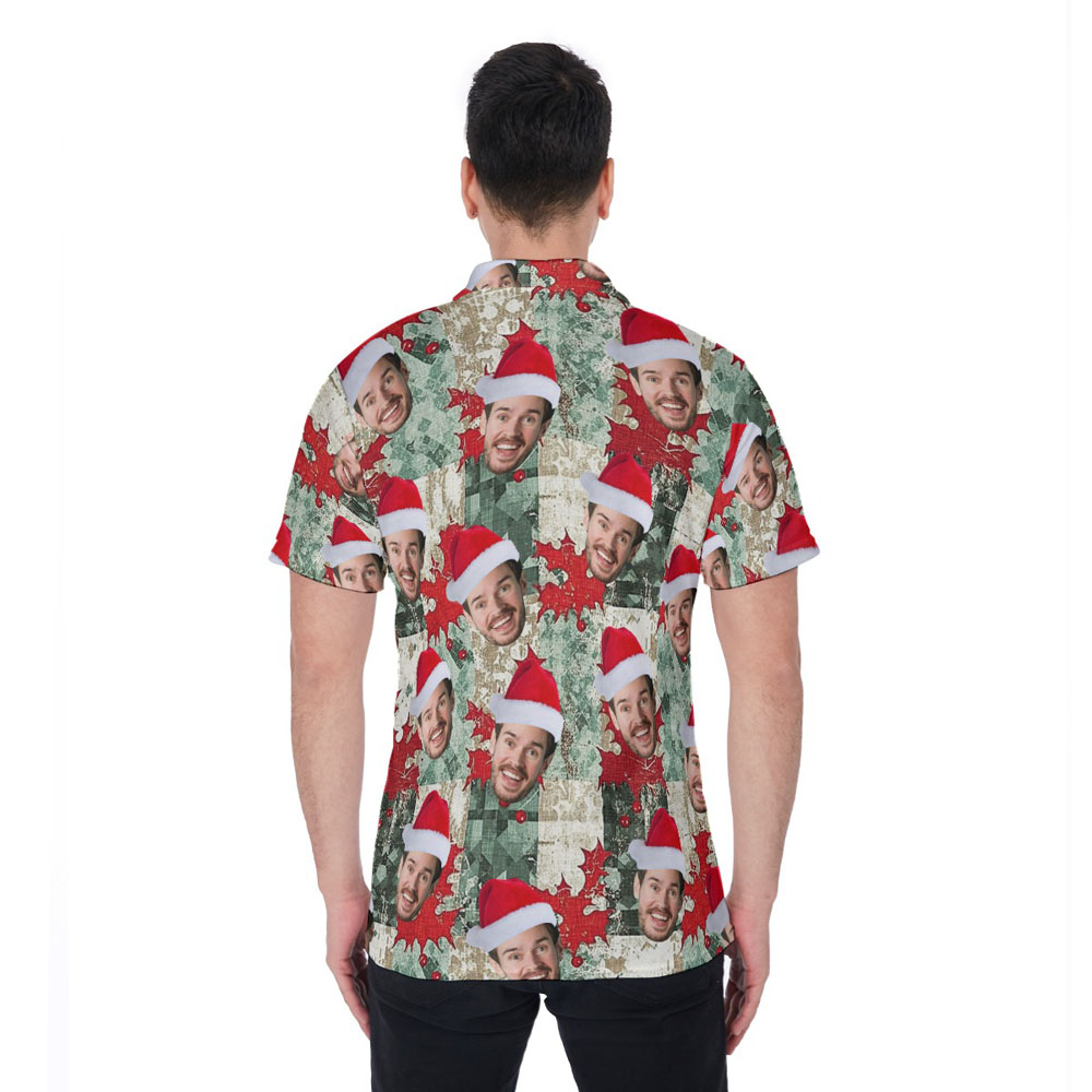 Christmas Holly Patterns Vintage Hawaiian Polo Shirt With Custom Face
