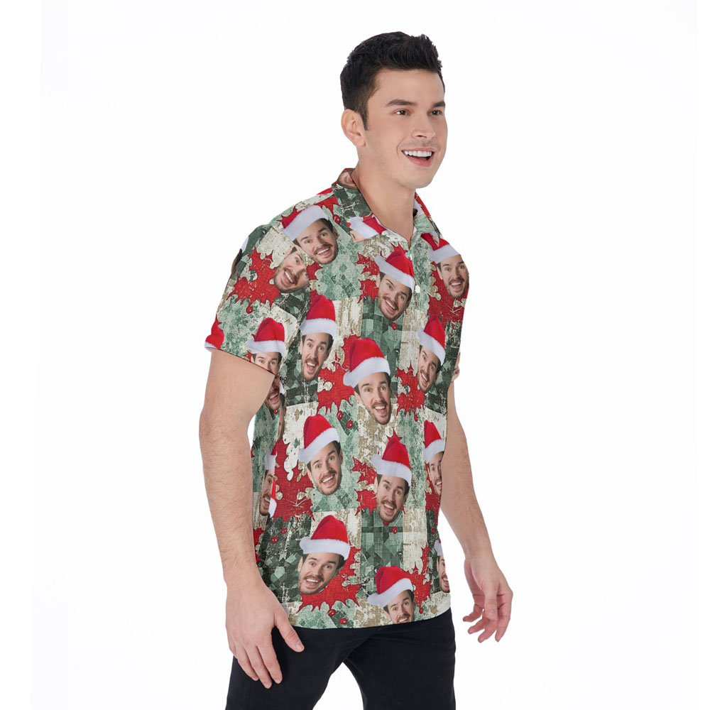 Christmas Holly Patterns Vintage Hawaiian Polo Shirt With Custom Face