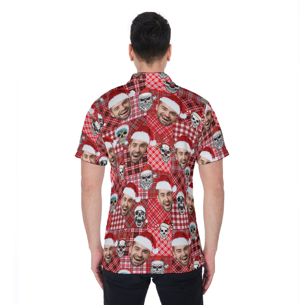Custom Face Buffalo Plaid Christmas Skull Hawaiian Polo Shirt