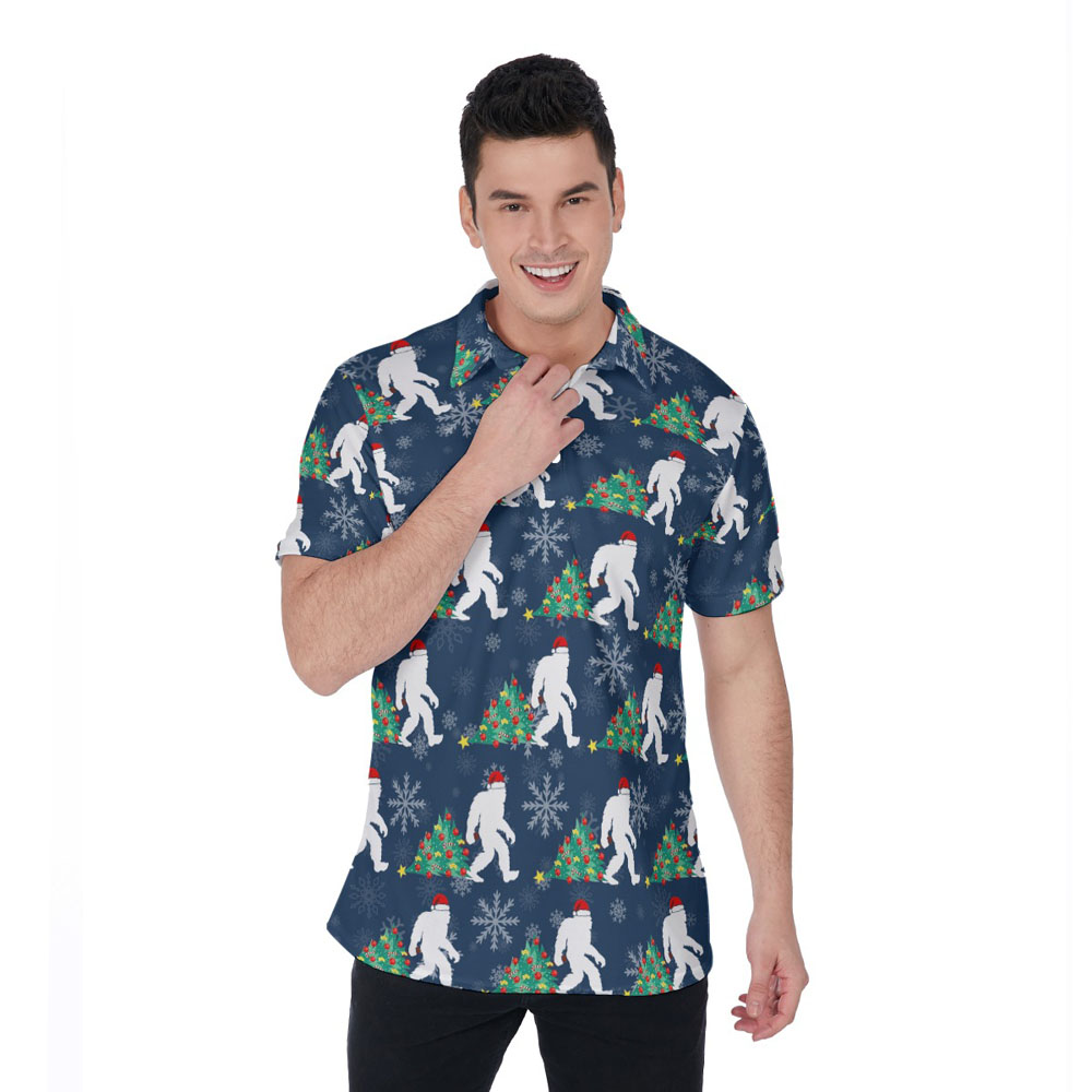 Funny Bigfoot And Christmas Tree Navy Hawaiian Polo Golf Shirt - variant image 1