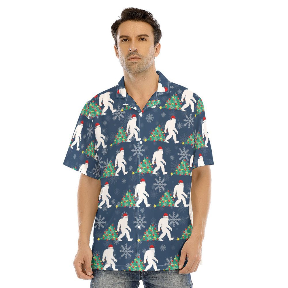 Bigfoot Christmas Tree Navy Hawaiian Shirt - variant image 1