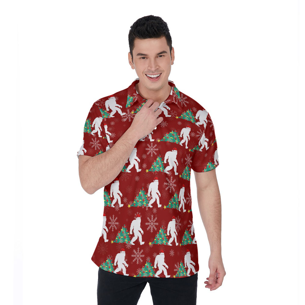 Funny Sasquatch With Christmas Tree Hawaiian Polo Shirt - variant image 1