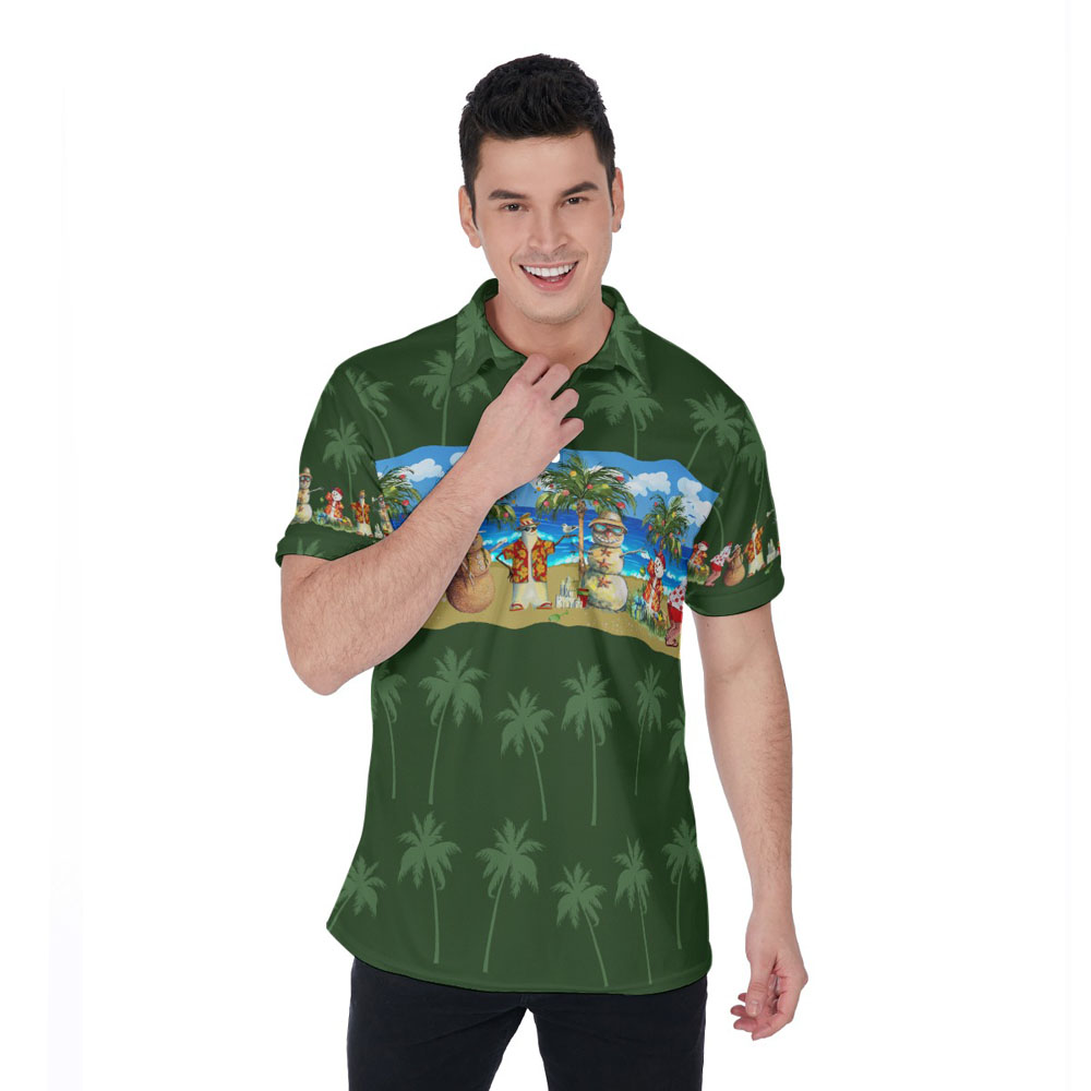 Vintage Christmas Snowman On Beach Green Hawaiian Polo Shirt - variant image 1