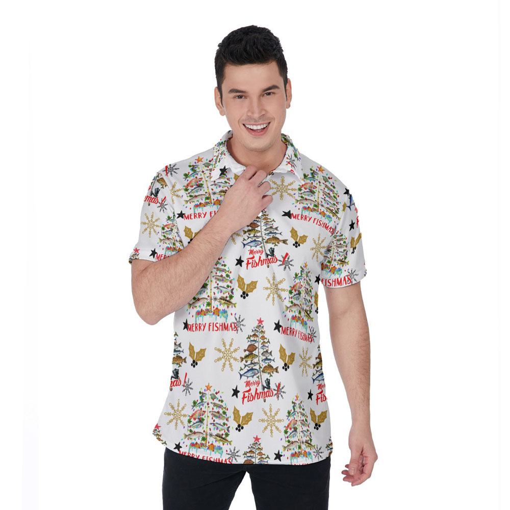 Christmas Fishing White Hawaiian Polo Golf Shirt For Men - variant image 1
