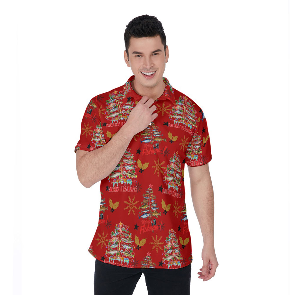 Funny Merry Fishmas Vintage Christmas Hawaiian Polo Shirt - variant image 1