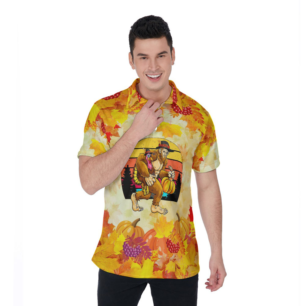 Funny Thanksgiving Sasquatch Turkey Orange Hawaiian Polo Shirt - variant image 1
