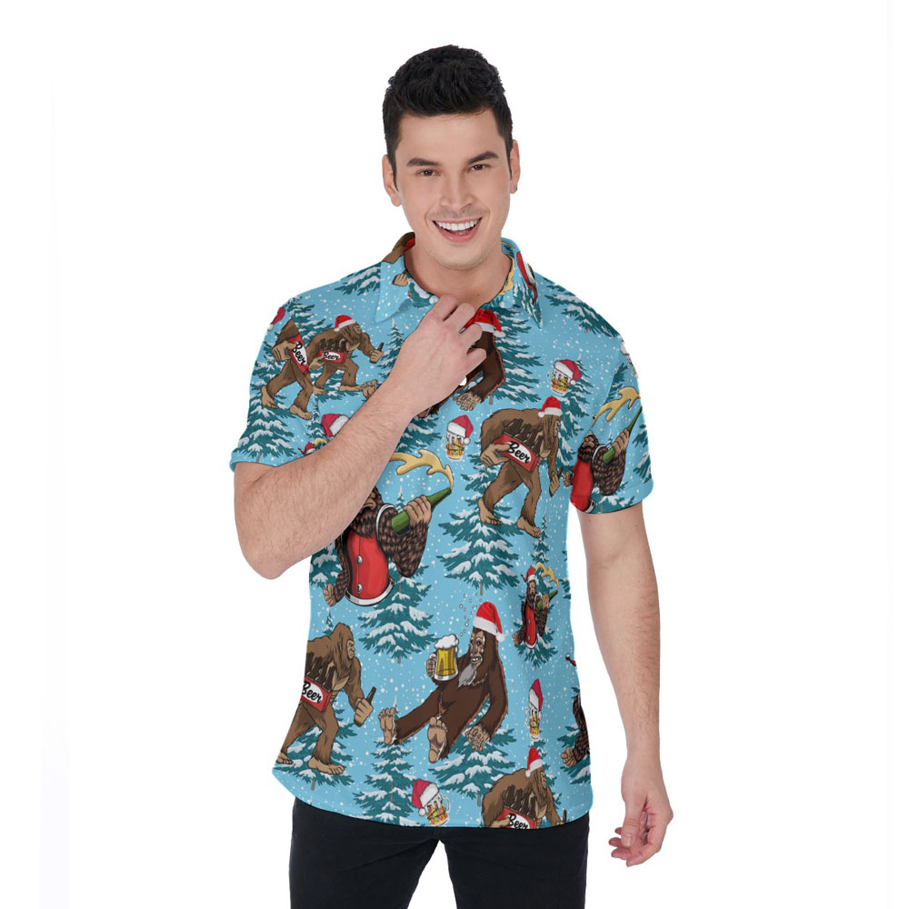 Funny Sasquatch Beer Christmas Trees Hawaiian Polo Shirt - variant image 1