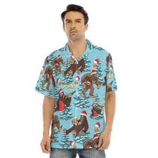 Bigfoot Beer Christmas Trees Blue Hawaiian Shirt