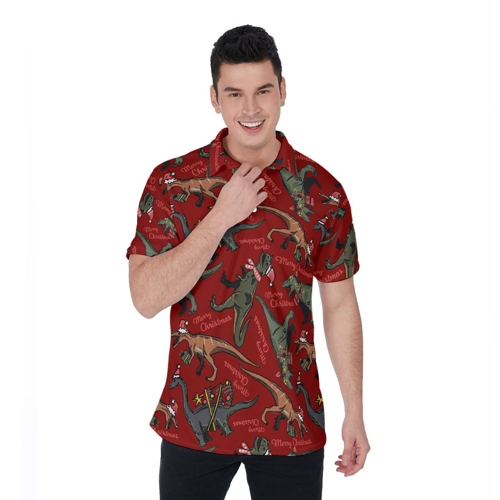 Vintage Christmas Dinosaur Hawaiian Polo Shirt For Men - variant image 1