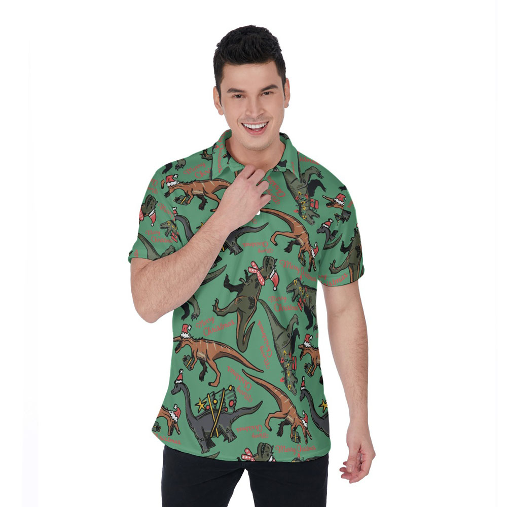 Funny Dinosaur Merry Christmas Hawaiian Polo Shirt - variant image 1