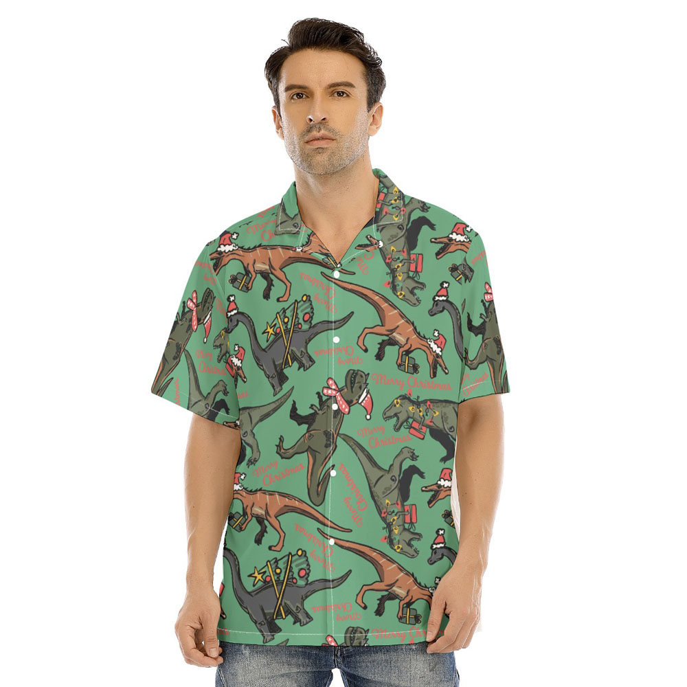 Christmas Dinosaur Men's Green Hawaiian Shirt - variant image 1