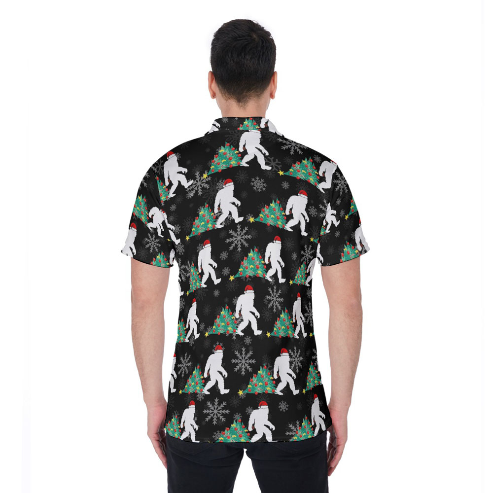 Funny Sasquatch With Christmas Tree Hawaiian Polo Shirt