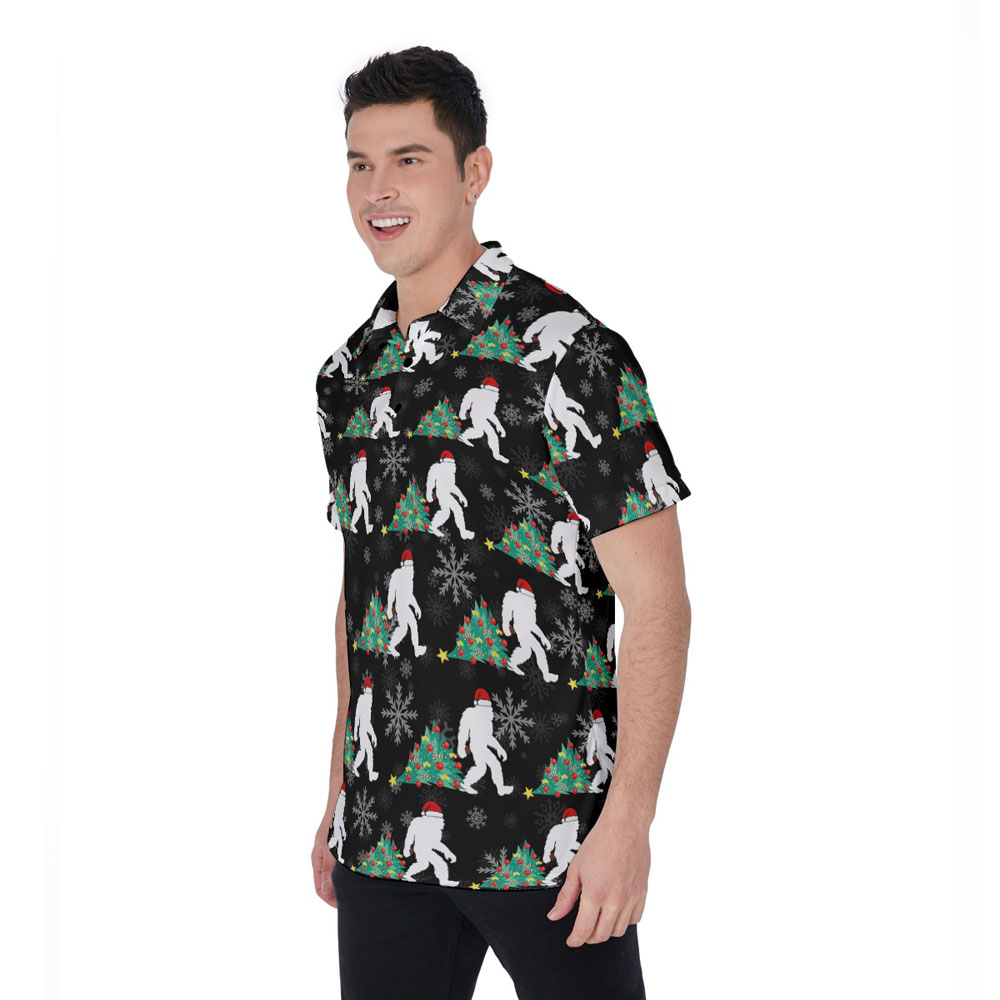 Funny Sasquatch With Christmas Tree Hawaiian Polo Shirt