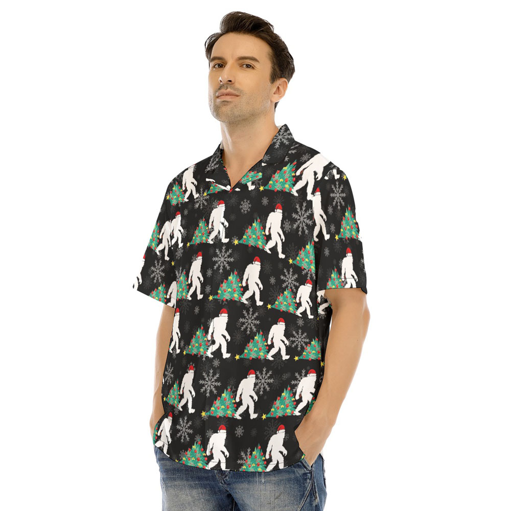 Sasquatch With Christmas Tree Hawaiian Short Sleeves Shirt