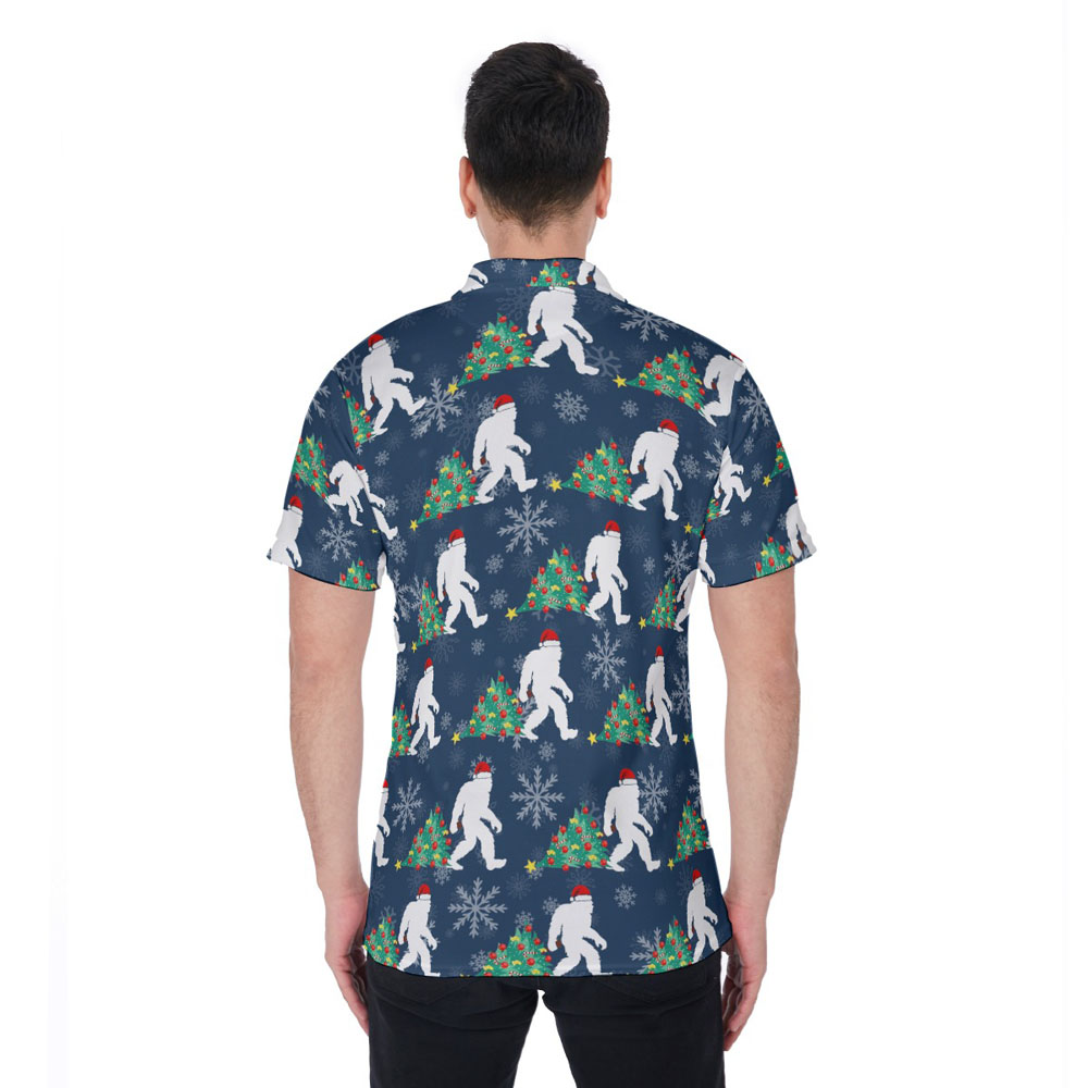 Funny Bigfoot And Christmas Tree Navy Hawaiian Polo Golf Shirt