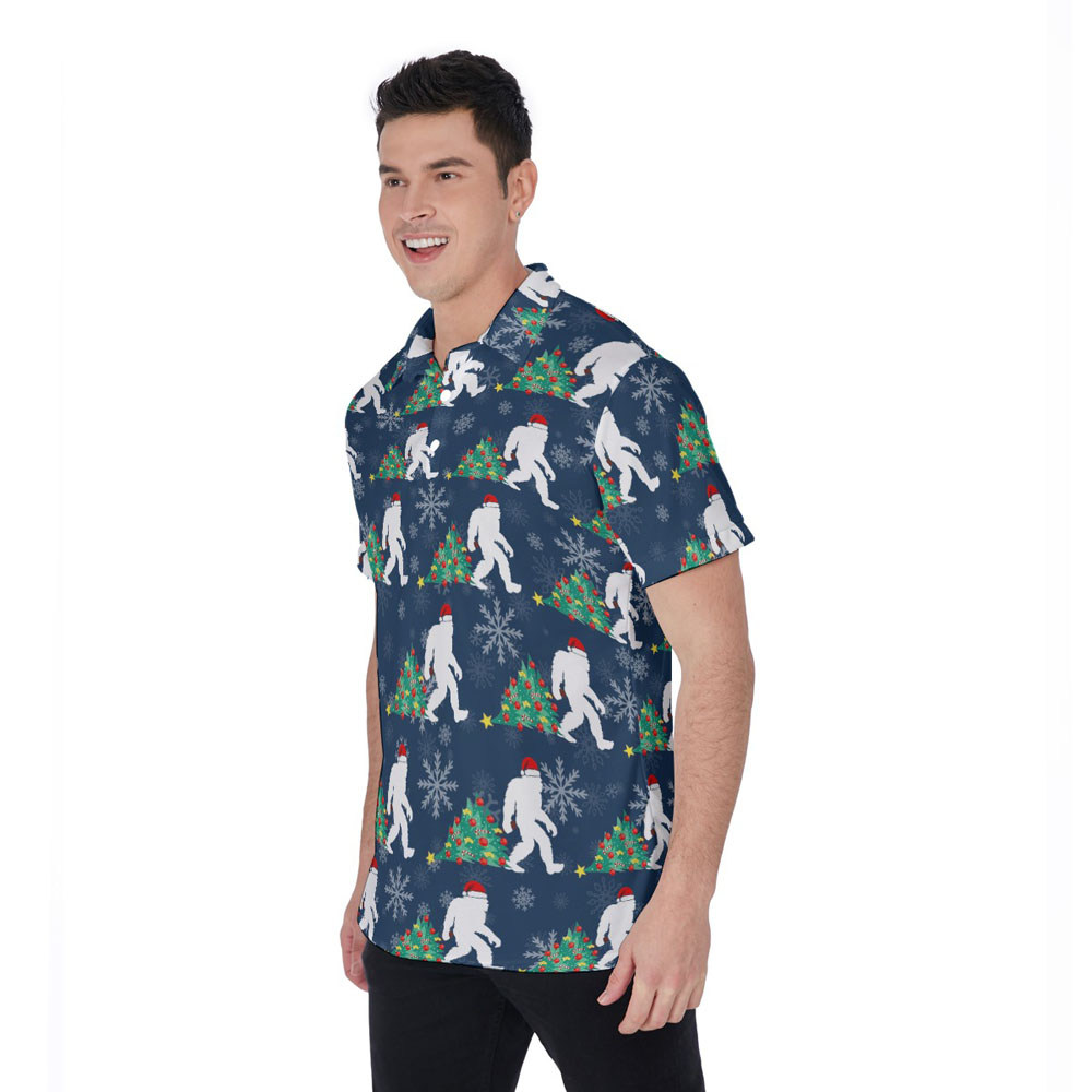 Funny Bigfoot And Christmas Tree Navy Hawaiian Polo Golf Shirt
