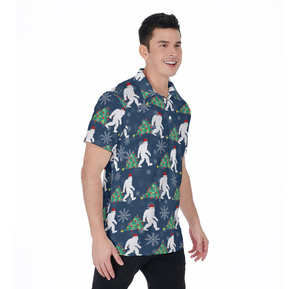 Funny Bigfoot And Christmas Tree Navy Hawaiian Polo Golf Shirt