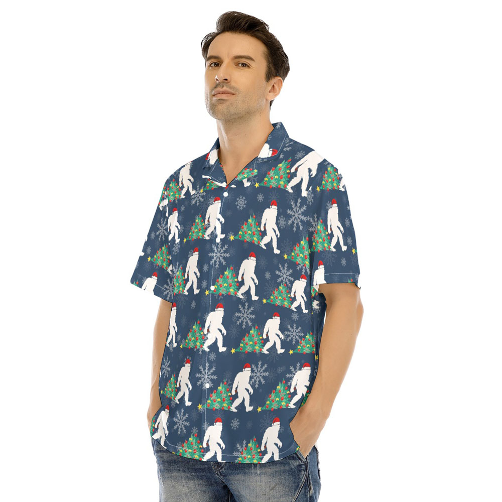 Bigfoot Christmas Tree Navy Hawaiian Shirt