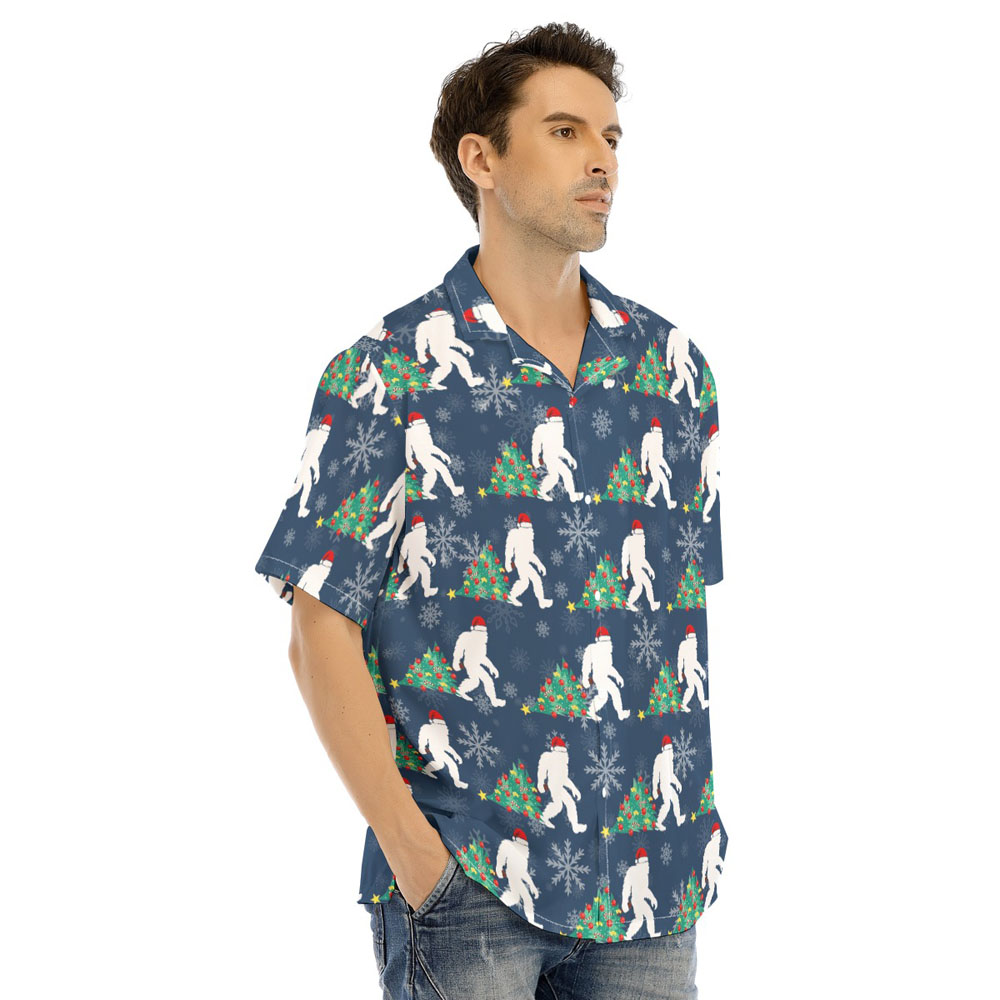 Bigfoot Christmas Tree Navy Hawaiian Shirt