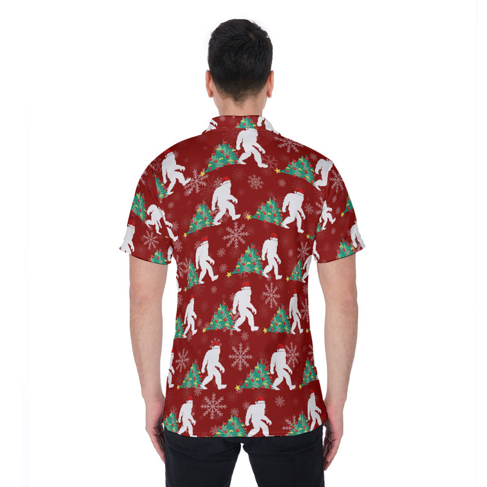 Funny Sasquatch With Christmas Tree Hawaiian Polo Shirt
