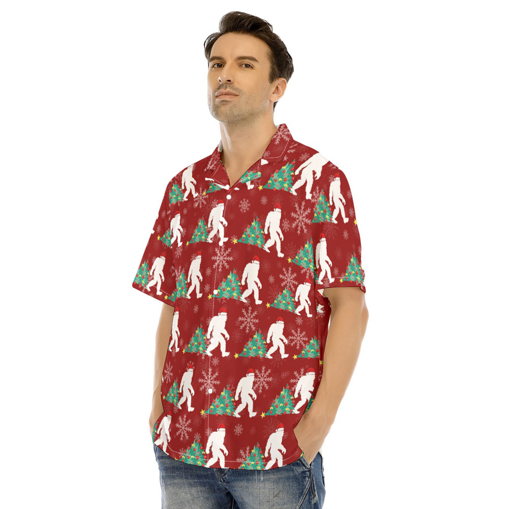 Funny Bigfoot With Christmas Tree Red Hawaiian Shirt