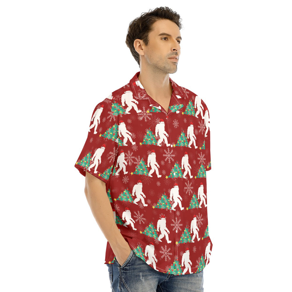 Funny Bigfoot With Christmas Tree Red Hawaiian Shirt