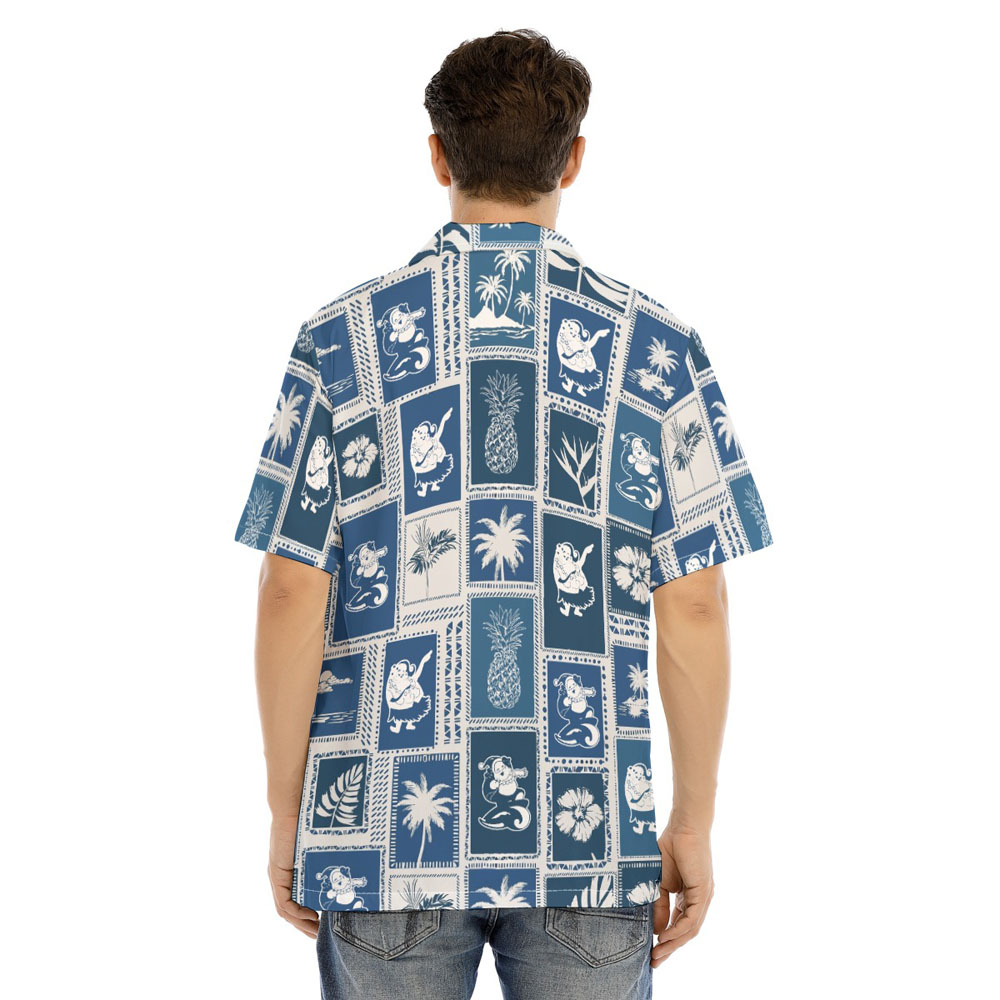 Vintage Christmas Santa Mele Kalikimaka Navy Hawaiian Shirt