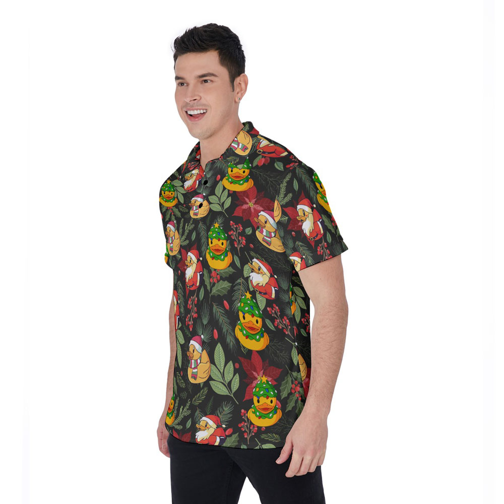 Funny Christmas Rubber Duck Floral Hawaiian Polo Golf Shirt