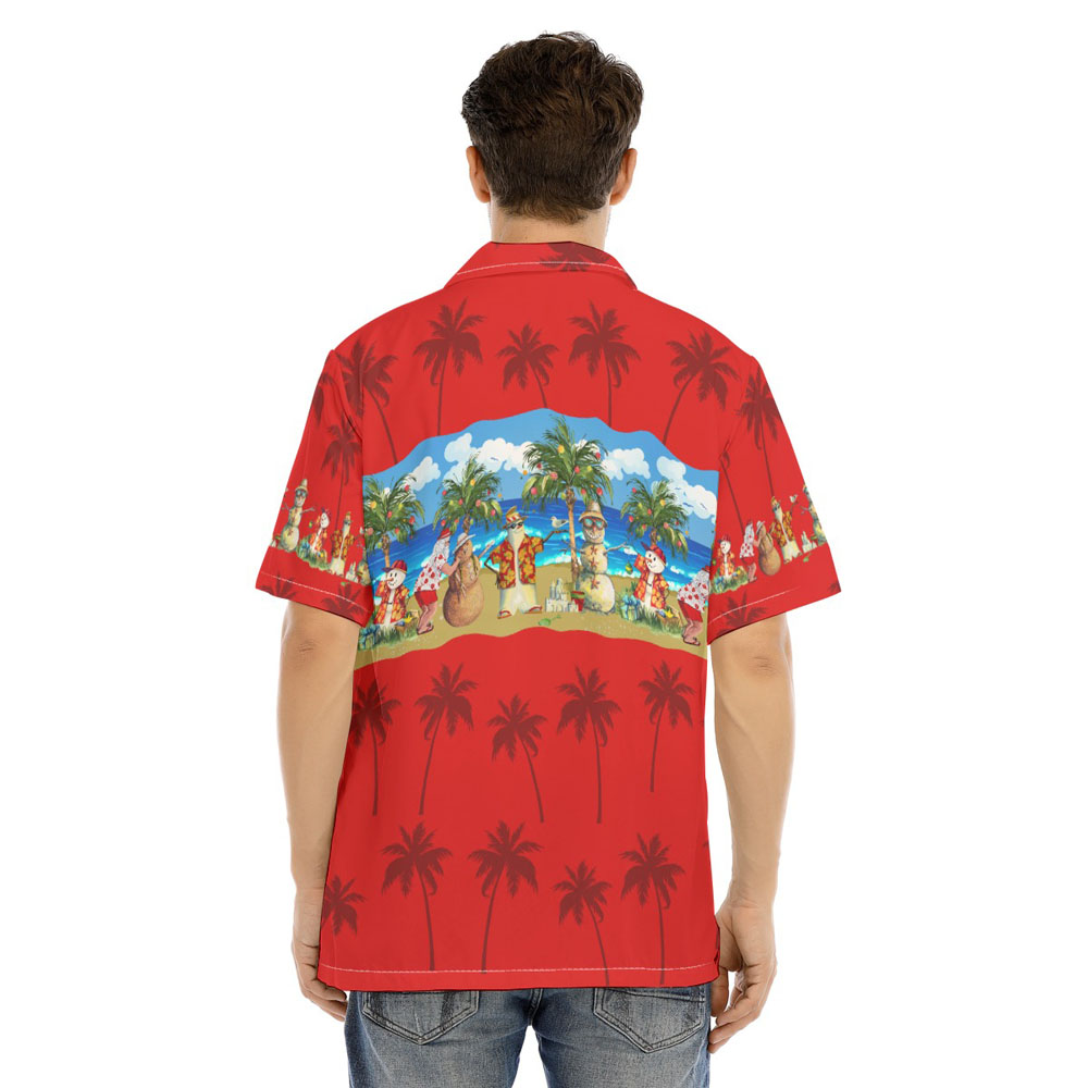 Christmas Snowman On Beach Red Hawaiian Shirt