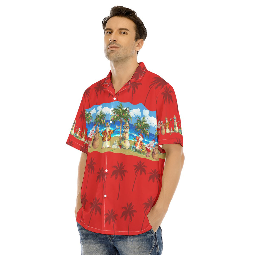 Christmas Snowman On Beach Red Hawaiian Shirt