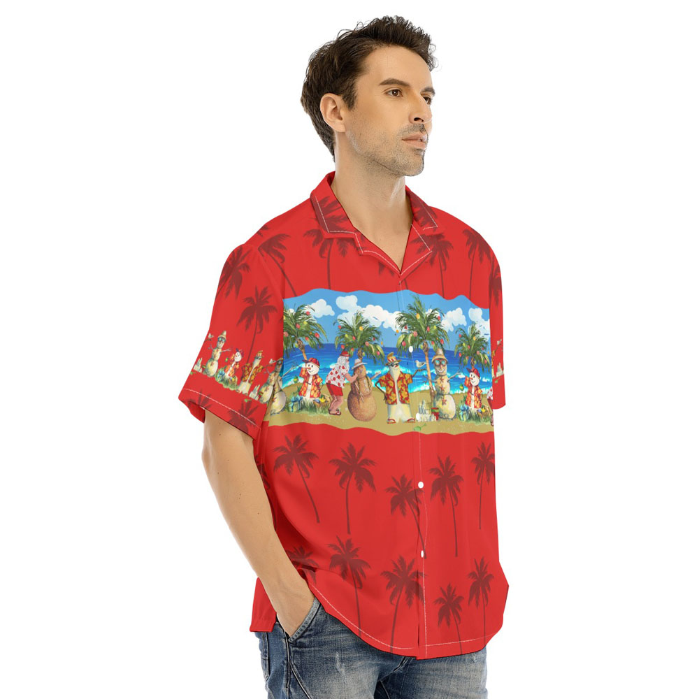 Christmas Snowman On Beach Red Hawaiian Shirt