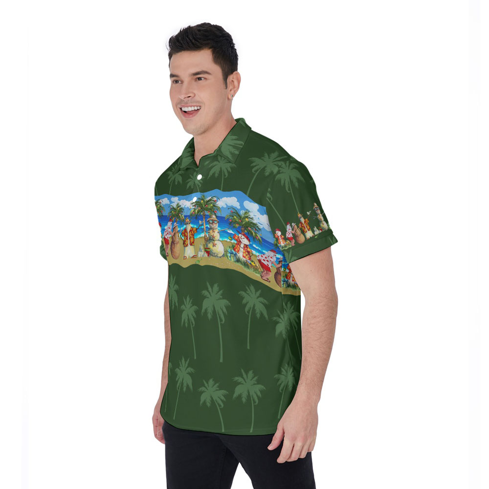 Vintage Christmas Snowman On Beach Green Hawaiian Polo Shirt