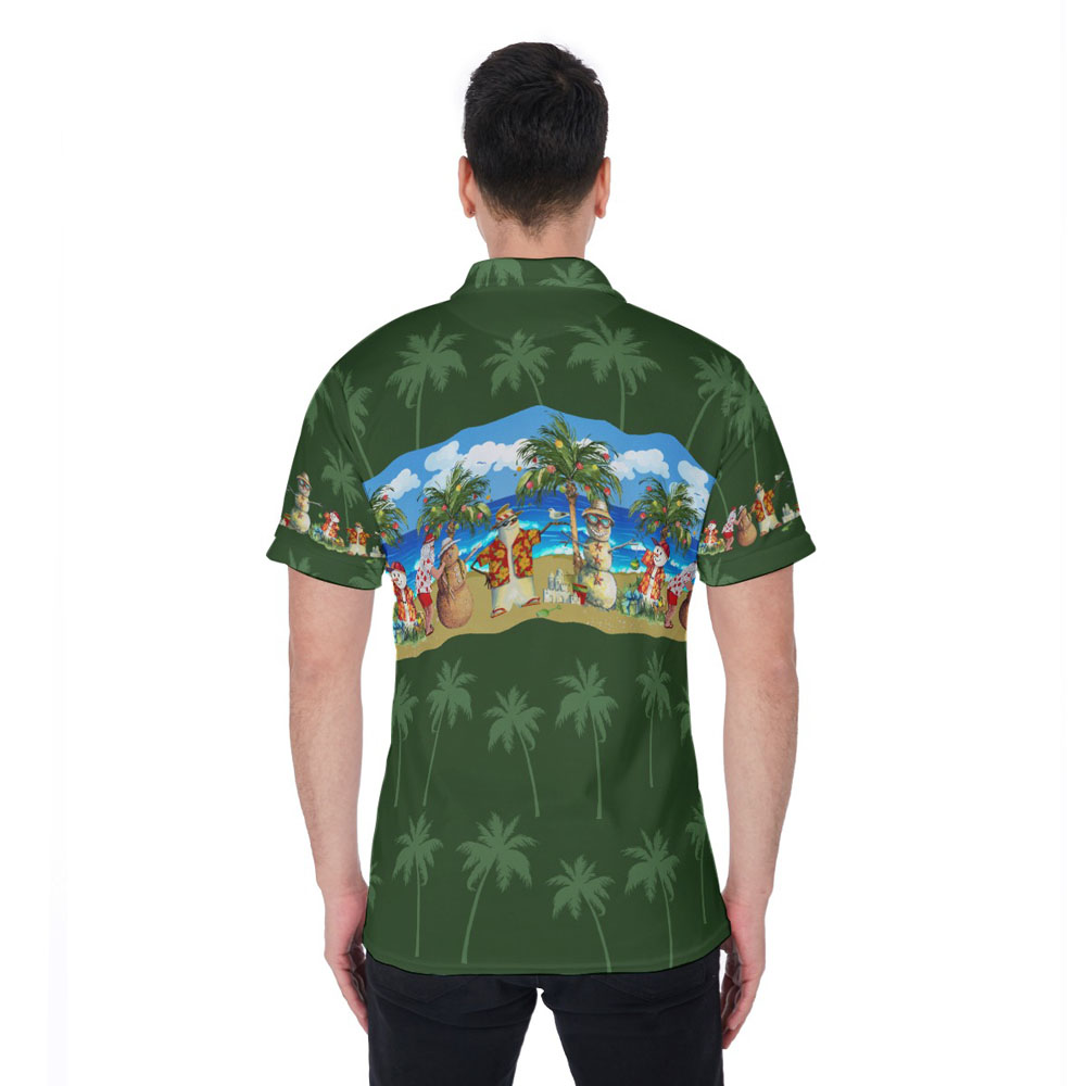 Vintage Christmas Snowman On Beach Green Hawaiian Polo Shirt