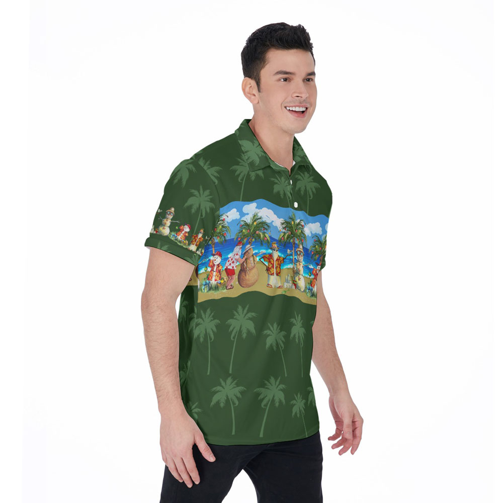 Vintage Christmas Snowman On Beach Green Hawaiian Polo Shirt