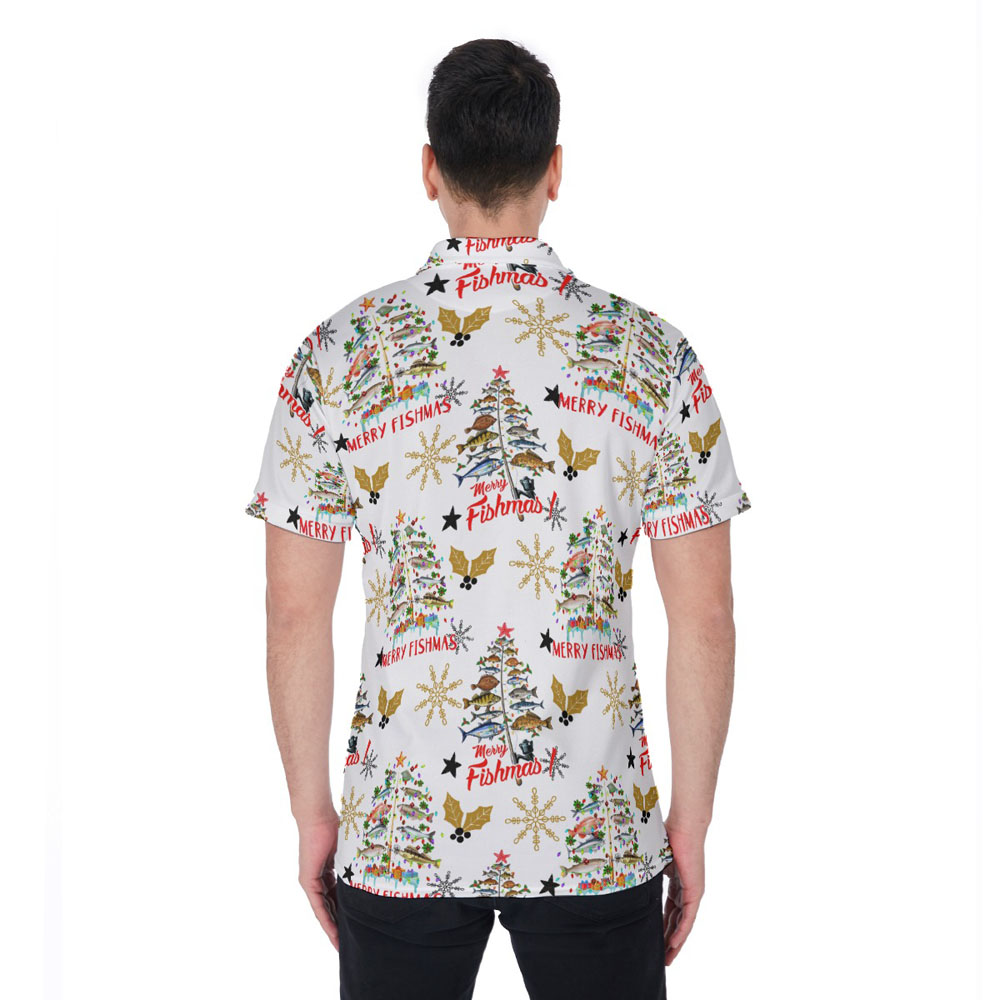 Christmas Fishing White Hawaiian Polo Golf Shirt For Men