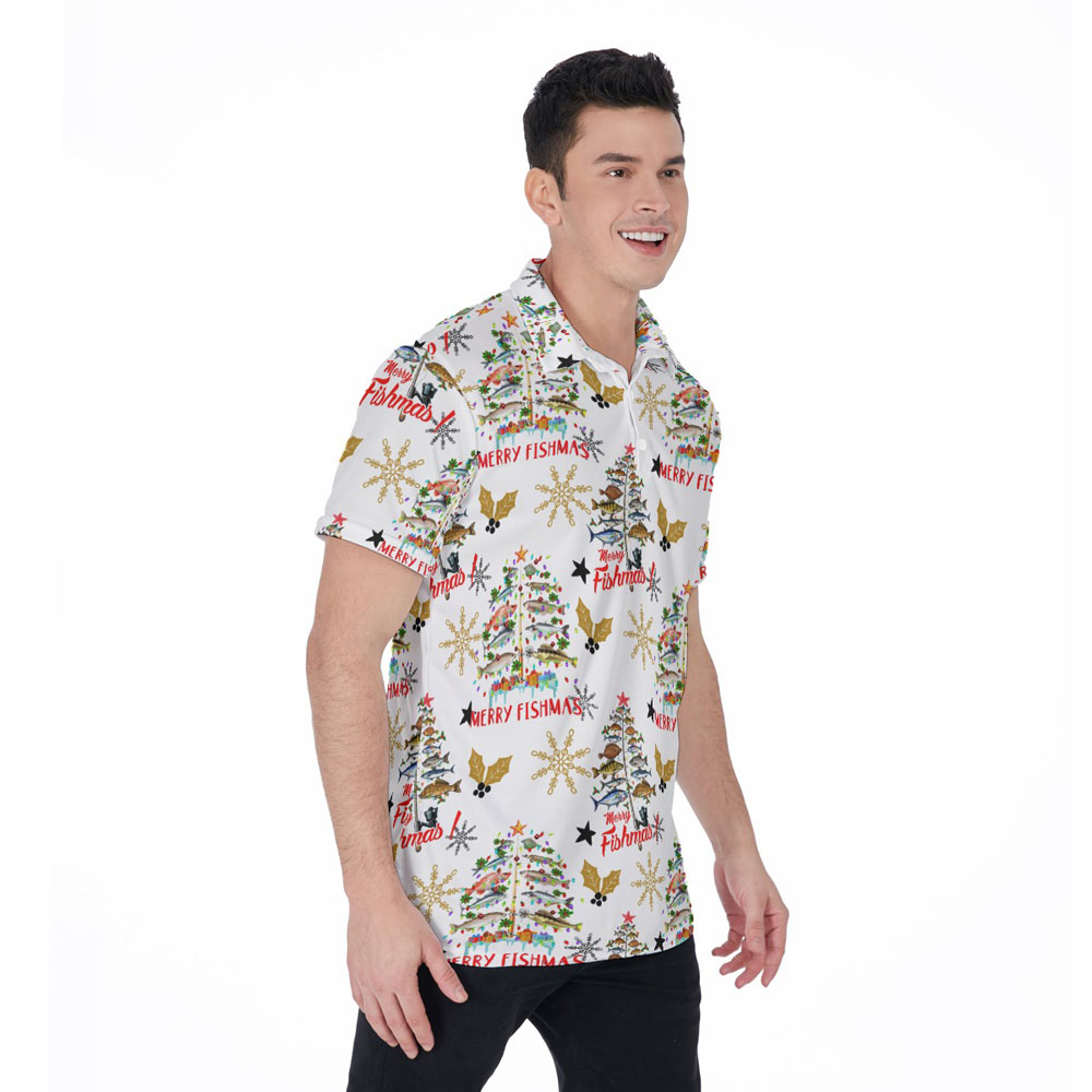 Christmas Fishing White Hawaiian Polo Golf Shirt For Men