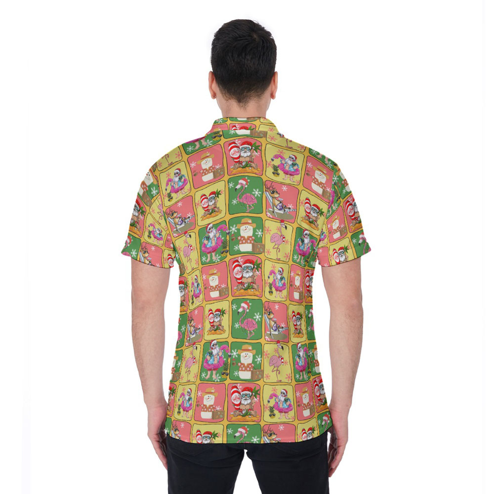 Cute Christmas Santa Flamingo Reindeer Hawaiian Polo Shirt