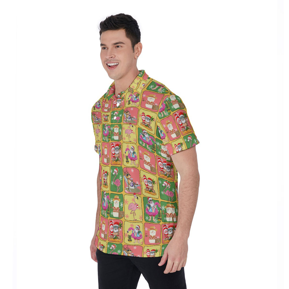 Cute Christmas Santa Flamingo Reindeer Hawaiian Polo Shirt