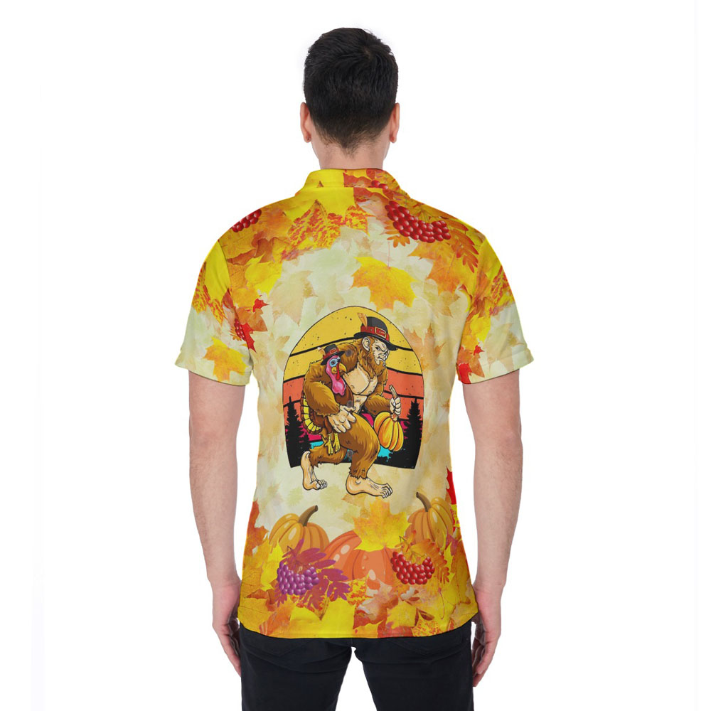 Funny Thanksgiving Sasquatch Turkey Orange Hawaiian Polo Shirt