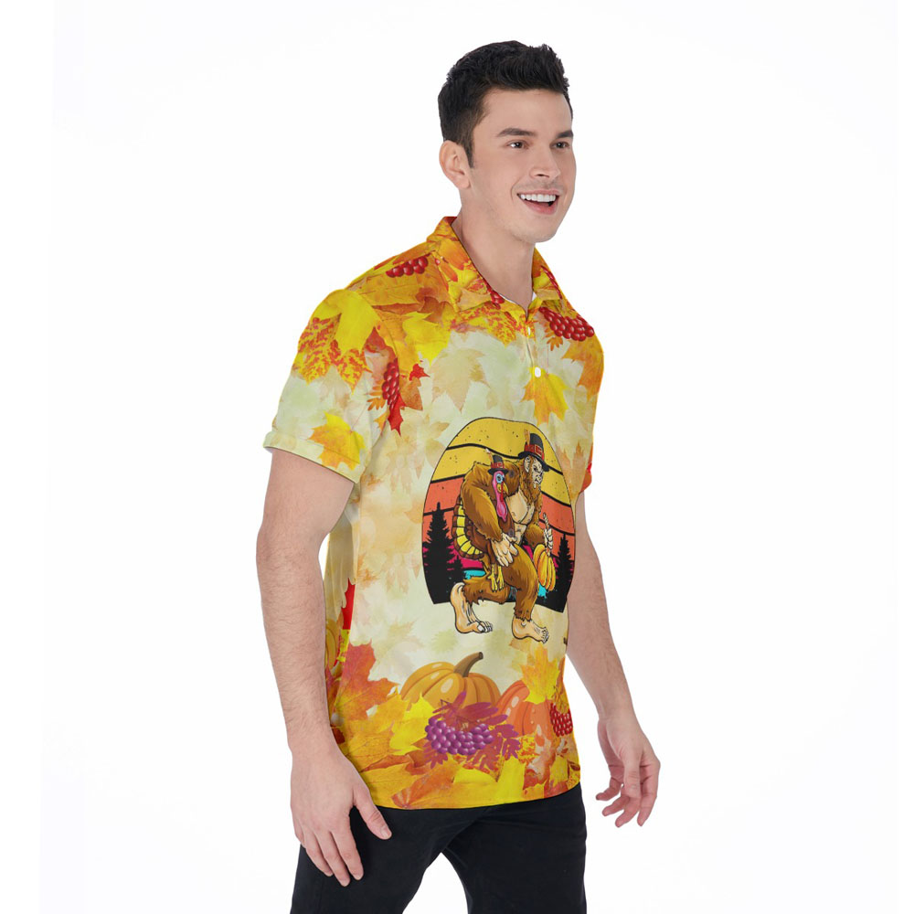 Funny Thanksgiving Sasquatch Turkey Orange Hawaiian Polo Shirt