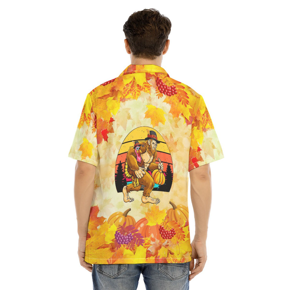 Funny Bigfoot Turkey Thanksgiving Orange Hawaiian Shirt