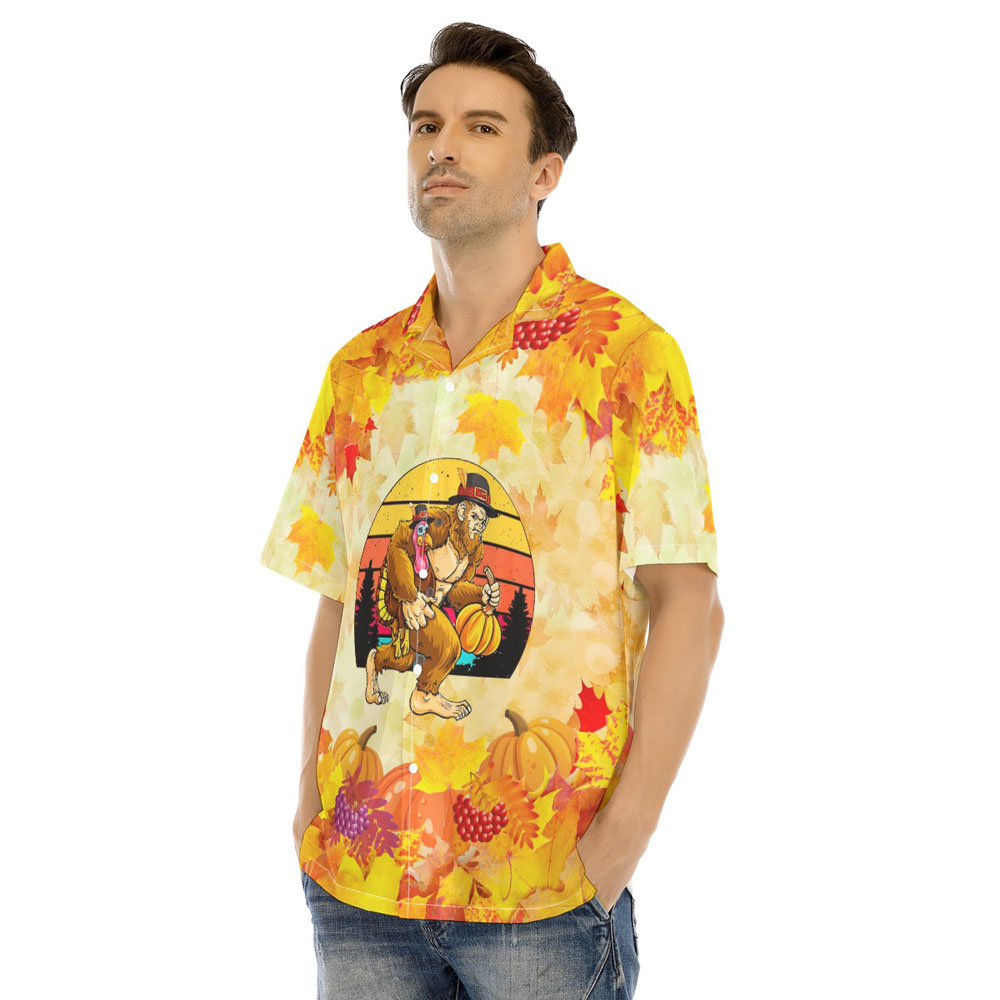 Funny Bigfoot Turkey Thanksgiving Orange Hawaiian Shirt
